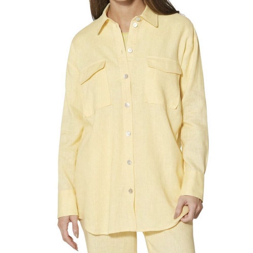 Studio Works Women’s Linen Shirt Blouse Button Up Yellow Lightweight size 1X